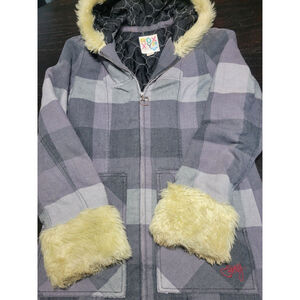 Roxy Plaid Zip-Up Faux Fur Accents Hooded Long Coat Cotton Blend Size XL Girls